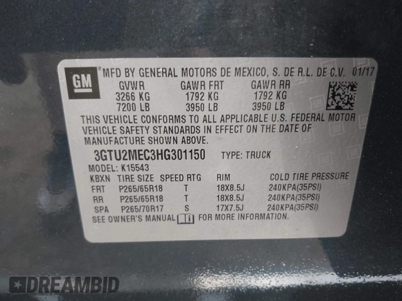 2017 GMC Sierra 1500 SLE with VIN 3GTU2MEC3HG301150, listed as a IAAI auction lot 42498682 with 183,018 mi miles and . Bid and sale history available at DreamBid. Image 9.