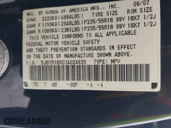 2007 Acura RDX Tech Pkg with VIN 5J8TB18507A024625, listed as a IAAI auction lot 41599406 with 156,690 mi miles. Bid and sale history available at carsss.com. Image 9.