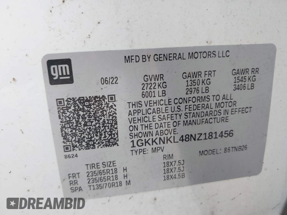 2022 GMC Acadia SLE с VIN 1GKKNKL48NZ181456, выставлен на аукционе IAAI как лот 42138525 с пробегом 68 355 миль миль и . История ставок и продаж доступна на DreamBid. Изображение 9.