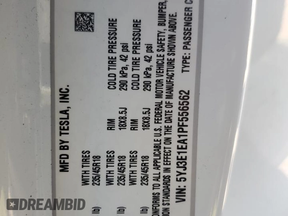 2023 Tesla Model 3 with VIN 5YJ3E1EA1PF556562, listed as a Copart auction lot 48413235 with 11,980 mi miles and Salvage Title. Bid and sale history available at DreamBid. Image 13.