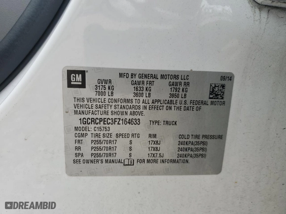 2015 Chevrolet Silverado 1500 LS with VIN 1GCRCPEC3FZ164633, listed as a Copart auction lot 85131784 with 137,504 mi miles and Salvage Title. Bid and sale history available at carsss.com. Image 12.