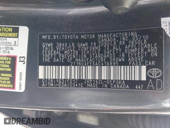 2010 Toyota Corolla with VIN 2T1BU4EEXAC416895, listed as a IAAI auction lot 41697477 with 135,325 mi miles and . Bid and sale history available at DreamBid. Image 9.