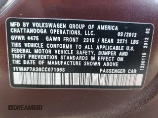 2012 Volkswagen Passat S с VIN 1VWAP7A30CC071068, выставлен на аукционе Copart как лот 62884925 с пробегом 121 858 миль миль и Чистый • Clean title. История ставок и продаж доступна на DreamBid. Изображение 12.