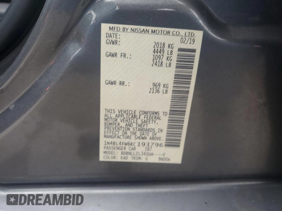 2019 Nissan Altima 2.5 Platinum with VIN 1N4BL4FW6KC193796, listed as a Copart auction lot 86391614 with 121,335 mi miles and Salvage Title. Bid and sale history available at carsss.com. Image 14.