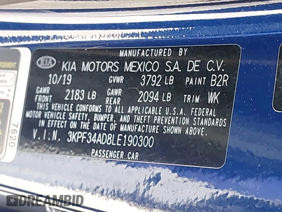 2020 Kia Forte GT-Line z VIN 3KPF34AD8LE190300, wystawiony jako IAAI lot #41994609 z przebiegiem 43 821 mil mil oraz . Historia ofert i sprzedaży dostępna na DreamBid. Obrazek 9.