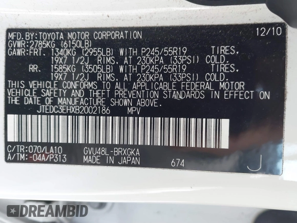 2011 Toyota Highlander Limited with VIN JTEDC3EHXB2002186, listed as a IAAI auction lot 41645915 with 367,650 mi miles and . Bid and sale history available at DreamBid. Image 9.