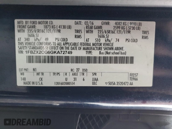 2016 Ford Transit XL with VIN 1FBZX2CG6GKA72749, listed as a Copart auction lot 89102475 with Not provided miles and Salvage title. Bid and sale history available at DreamBid. Image 15.