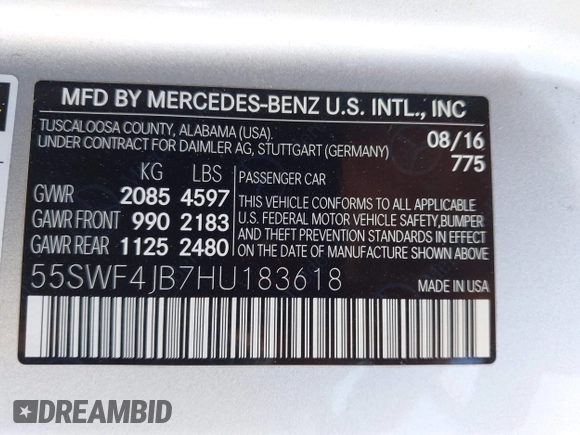 2017 Mercedes-Benz C 300 with VIN 55SWF4JB7HU183618, listed as a IAAI auction lot 42227615 with 72,028 mi miles and . Bid and sale history available at DreamBid. Image 9.