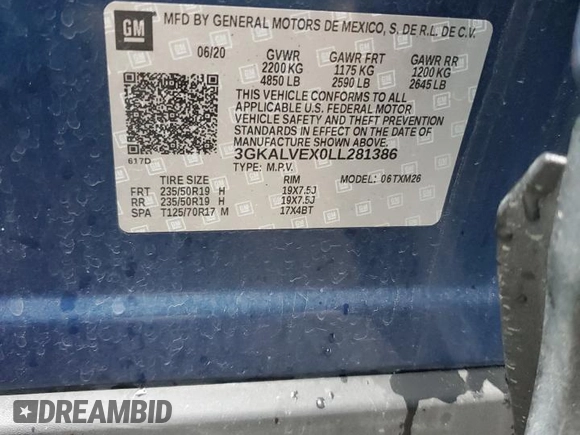 2020 GMC Terrain SLT with VIN 3GKALVEX0LL281386, listed as a Copart auction lot 56046165 with 53,294 mi miles and Salvage title. Bid and sale history available at DreamBid. Image 12.
