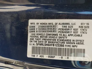 2015 Honda Odyssey EX-L with VIN 5FNRL5H6XFB123366, listed as a IAAI auction lot 42037807 with 141,135 mi miles and . Bid and sale history available at DreamBid. Image 9.