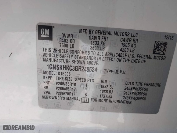 2016 Chevrolet Suburban LT with VIN 1GNSKHKC3GR248524, listed as a IAAI auction lot 41537074 with 117,712 mi miles. Bid and sale history available at carsss.com. Image 9.