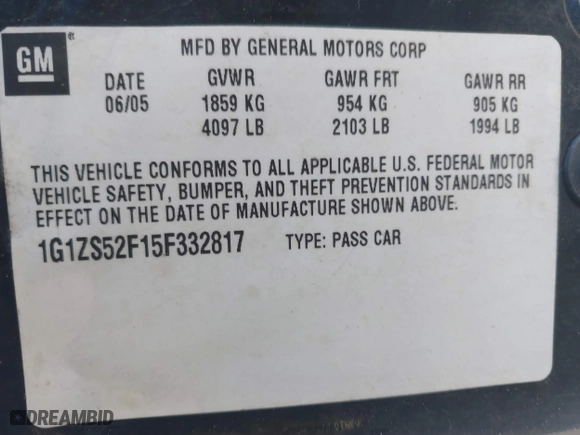 2005 Chevrolet Malibu with VIN 1G1ZS52F15F332817, listed as a IAAI auction lot 41080228 with 158,235 mi miles. Bid and sale history available at carsss.com. Image 9.