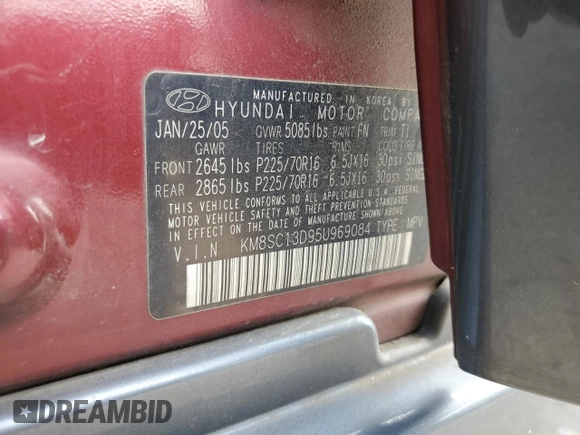 2005 Hyundai Santa Fe GLS with VIN KM8SC13D95U969084, listed as a Copart auction lot 69982304 with 202,979 mi miles and Clean Title. Bid and sale history available at carsss.com. Image 13.
