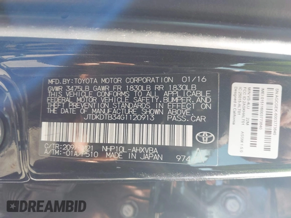 2016 Toyota Prius One with VIN JTDKDTB34G1120913, listed as a IAAI auction lot 41632387 with 114,571 mi miles and . Bid and sale history available at DreamBid. Image 9.