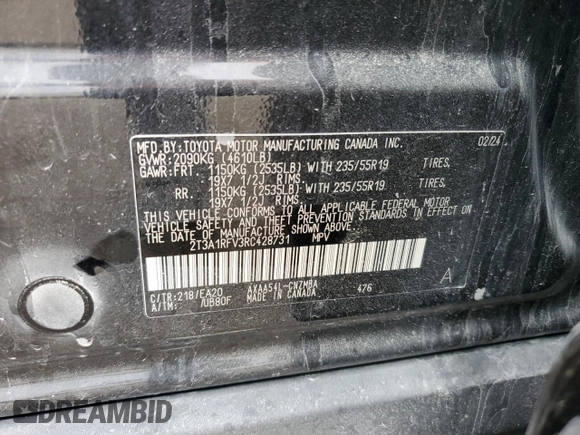 2024 Toyota RAV4 XLE Premium with VIN 2T3A1RFV3RC428731, listed as a Copart auction lot 59918945 with 26,263 mi miles and Salvage title. Bid and sale history available at DreamBid. Image 13.