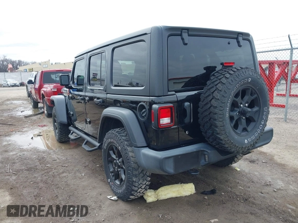 2021 Jeep Wrangler Unlimited Willys with VIN 1C4HJXDN8MW595665, listed as a IAAI auction lot 41507555 with 24,505 mi miles and . Bid and sale history available at DreamBid. Image 3.