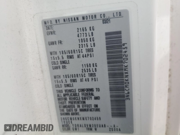 2021 Nissan NV200 SV with VIN 3N6CM0KNXMK702459, listed as a Copart auction lot 53709105 with 214,389 mi miles and Salvage title. Bid and sale history available at DreamBid. Image 13.