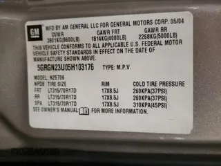 2005 Hummer H2 SUV with VIN 5GRGN23U05H103176, listed as a Copart auction lot 44365545 with 165,887 mi miles and Salvage Title. Bid and sale history available at carsss.com. Image 13.