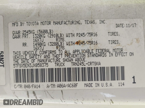 2018 Toyota Tacoma SR z VIN 5TFSX5EN3JX058375, wystawiony jako IAAI lot #42115157 z przebiegiem 171 454 mil mil oraz . Historia ofert i sprzedaży dostępna na DreamBid. Obrazek 9.