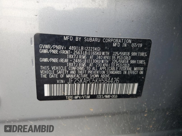 2019 Subaru Forester Sport with VIN JF2SKAPC5KH584426, listed as a Copart auction lot 48874905 with 126,799 mi miles and Salvage Title. Bid and sale history available at carsss.com. Image 13.