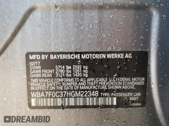 2017 BMW 7 Series 750i with VIN WBA7F0C37HGM22348, listed as a Copart auction lot 65400123 with 0 mi miles. Bid and sale history available at carsss.com. Image 13.