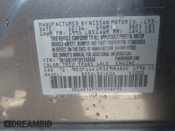 2017 Nissan Sentra S with VIN 3N1AB7AP7HY248494, listed as a IAAI auction lot 40311680 with 70,909 mi miles and . Bid and sale history available at DreamBid. Image 9.