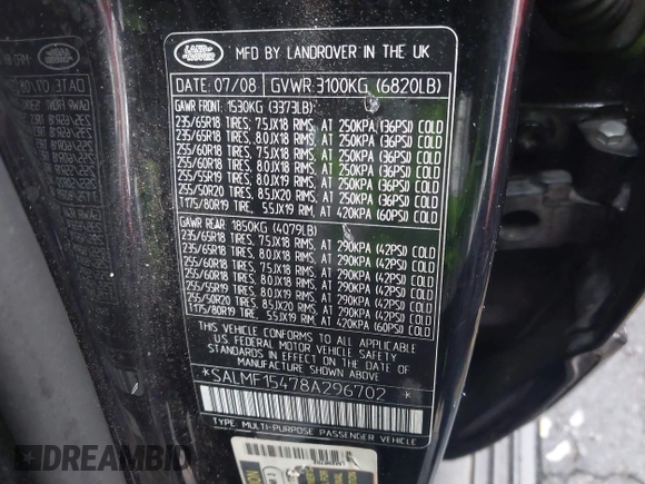 2008 Land Rover Range Rover HSE with VIN SALMF15478A296702, listed as a IAAI auction lot 42230994 with 199,495 mi miles and . Bid and sale history available at DreamBid. Image 9.