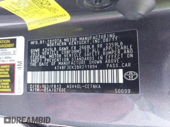 2011 Toyota Camry LE with VIN 4T4BF3EK2BR211894, listed as a IAAI auction lot 41783070 with 141,724 mi miles and . Bid and sale history available at carsss.com. Image 9.