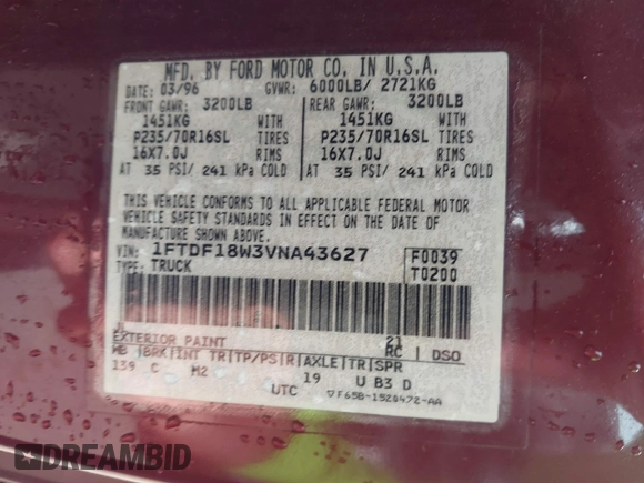 1997 Ford F-150 with VIN 1FTDF18W3VNA43627, listed as a IAAI auction lot 42132799 with 180,493 mi miles and . Bid and sale history available at DreamBid. Image 9.