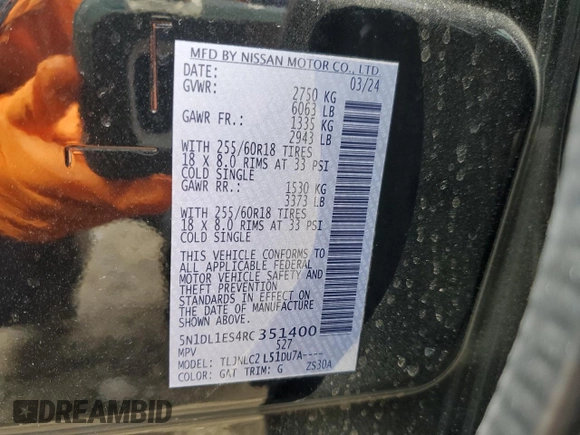 2024 Infiniti QX60 Pure with VIN 5N1DL1ES4RC351400, listed as a Copart auction lot 57036005 with 3,965 mi miles and Salvage title. Bid and sale history available at DreamBid. Image 14.