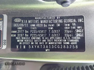 2012 Kia Sorento LX with VIN 5XYKT3A13CG283758, listed as a IAAI auction lot 41869331 with 192,187 mi miles. Bid and sale history available at carsss.com. Image 9.