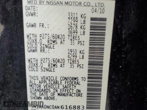 2010 Nissan Armada Titanium z VIN 5N1AA0NC0AN616883, wystawiony jako Copart lot #55729375 z przebiegiem 199 421 mil mil oraz Szkoda całkowita • Salvage title. Historia ofert i sprzedaży dostępna na DreamBid. Obrazek 12.