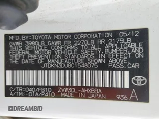 2012 Toyota Prius One with VIN JTDKN3DU8C1548075, listed as a Copart auction lot 55185645 with 38,396 mi miles and Clean Title. Bid and sale history available at carsss.com. Image 12.