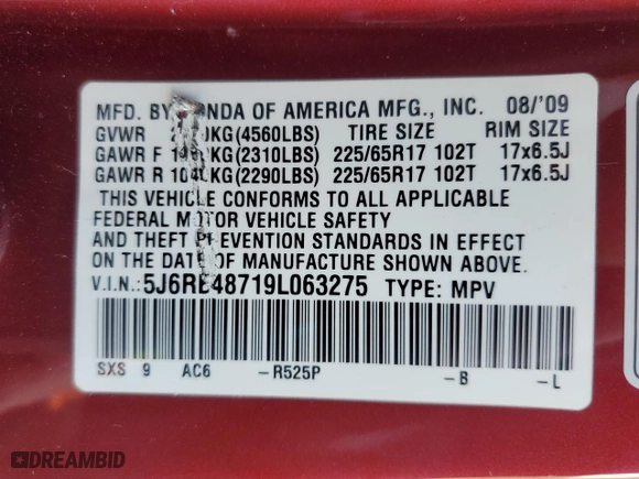2009 Honda CR-V EX-L with VIN 5J6RE48719L063275, listed as a Copart auction lot 46276685 with 104,541 mi miles and Salvage Title. Bid and sale history available at carsss.com. Image 14.