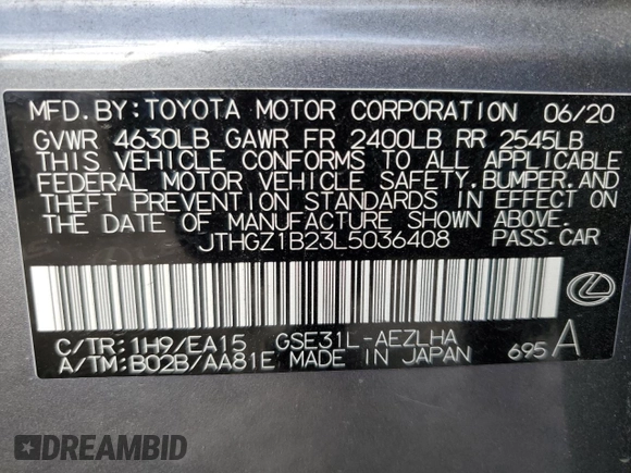 2020 Lexus IS with VIN JTHGZ1B23L5036408, listed as a Copart auction lot 41977605 with 0 mi miles and Salvage Title. Bid and sale history available at carsss.com. Image 15.
