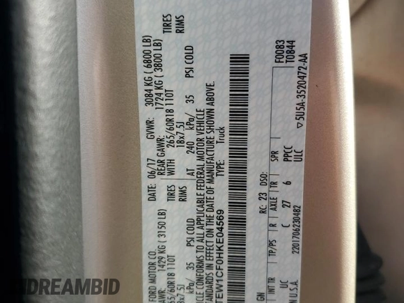 2017 Ford F-150 XL with VIN 1FTEW1CF0HKE04569, listed as a Copart auction lot 58719535 with 144,154 mi miles and Salvage title. Bid and sale history available at DreamBid. Image 12.