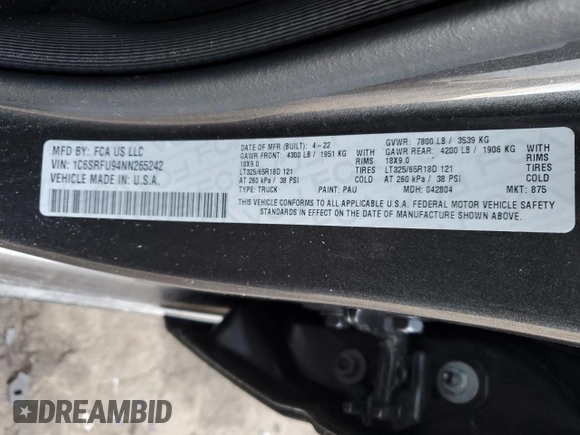 2022 Ram 1500 TRX with VIN 1C6SRFU94NN265242, listed as a Copart auction lot 42183075 with 20,580 mi miles and Salvage Title. Bid and sale history available at carsss.com. Image 14.