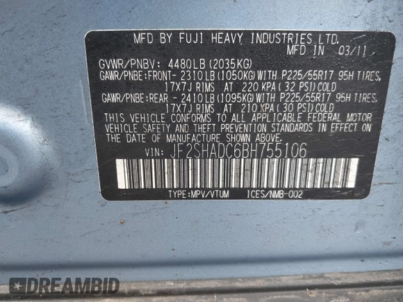 2011 Subaru Forester X Premium с VIN JF2SHADC6BH755106, выставлен на аукционе IAAI как лот 42468316 с пробегом 155 623 миль миль и . История ставок и продаж доступна на DreamBid. Изображение 9.