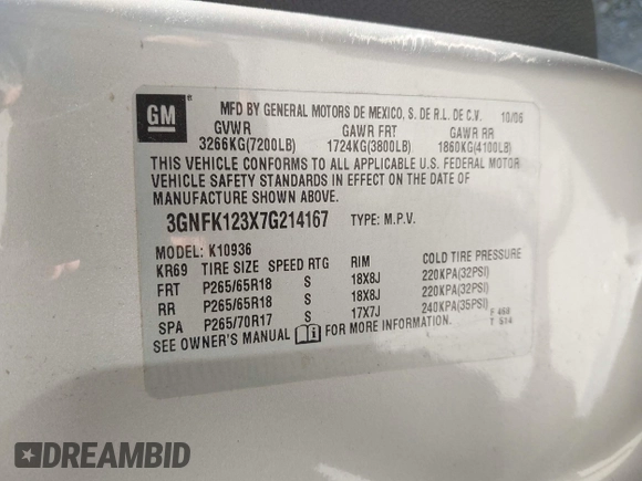 2007 Chevrolet Avalanche 3LT z VIN 3GNFK123X7G214167, wystawiony jako IAAI lot #42356863 z przebiegiem 55 352 mil mil oraz . Historia ofert i sprzedaży dostępna na DreamBid. Obrazek 9.