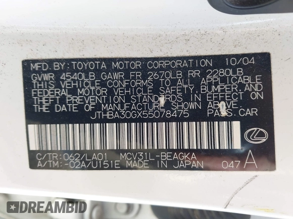 2005 Lexus ES 330 with VIN JTHBA30GX55078475, listed as a IAAI auction lot 41742679 with 212,405 mi miles. Bid and sale history available at carsss.com. Image 9.