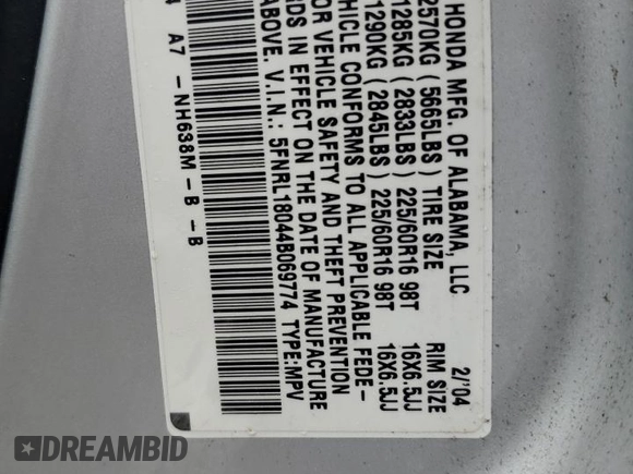 2004 Honda Odyssey EX-L with VIN 5FNRL18044B069774, listed as a Copart auction lot 57096535 with 165,307 mi miles and Salvage title. Bid and sale history available at DreamBid. Image 14.