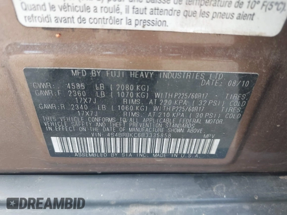 2011 Subaru Outback Limited Power Moon with VIN 4S4BRBKC6B3335858, listed as a IAAI auction lot 42261967 with 158,993 mi miles and . Bid and sale history available at DreamBid. Image 9.
