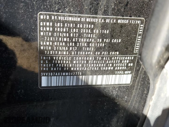 2021 Volkswagen Tiguan SE with VIN 3VV3B7AX3MM042775, listed as a Copart auction lot 50608595 with 89,480 mi miles and Salvage Title. Bid and sale history available at DreamBid. Image 12.