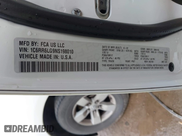 2022 Ram 1500 SLT z VIN 1C6RR6LG9NS198010, wystawiony jako IAAI lot #41702205 z przebiegiem 61 030 mil mil oraz . Historia ofert i sprzedaży dostępna na DreamBid. Obrazek 9.