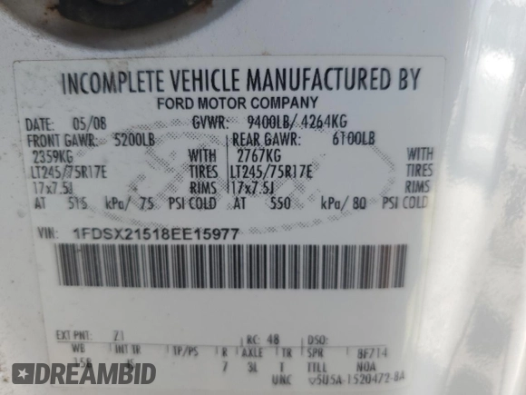 2008 Ford F-250 с VIN 1FDSX21518EE15977, выставлен на аукционе Copart как лот 71937864 с пробегом 183 532 миль миль и Чистый • Clean title. История ставок и продаж доступна на DreamBid. Изображение 13.