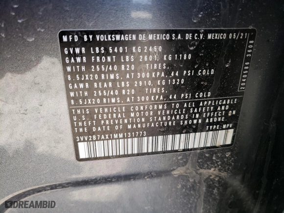 2021 Volkswagen Tiguan SE with VIN 3VV2B7AX1MM131773, listed as a Copart auction lot 47396625 with 53,203 mi miles and Salvage Title. Bid and sale history available at carsss.com. Image 13.