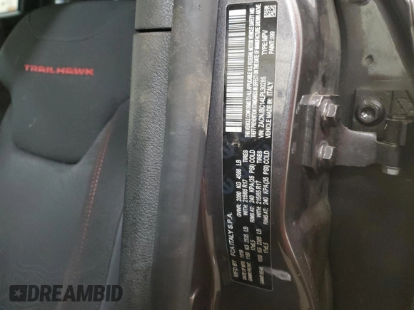 2020 Jeep Renegade Trailhawk with VIN ZACNJBC14LPL30285, listed as a Copart auction lot 54767445 with 36,851 mi miles and Salvage title. Bid and sale history available at DreamBid. Image 12.