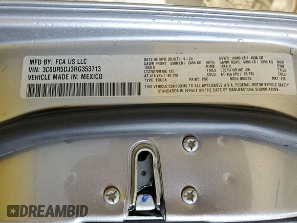 2024 Ram 2500 Big Horn с VIN 3C6UR5DJ3RG353713, выставлен на аукционе Copart как лот 63202265 с пробегом 5 551 миль миль и Чистый • Clean title. История ставок и продаж доступна на DreamBid. Изображение 12.