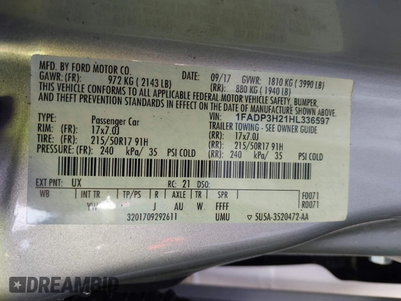 2017 Ford Focus SEL with VIN 1FADP3H21HL336597, listed as a IAAI auction lot 41729173 with 166,140 mi miles. Bid and sale history available at carsss.com. Image 9.