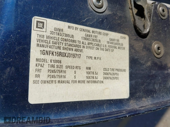 1999 Chevrolet Suburban с VIN 1GNFK16R0XJ319717, выставлен на аукционе IAAI как лот 42710366 с пробегом 275 908 миль миль и . История ставок и продаж доступна на DreamBid. Изображение 9.